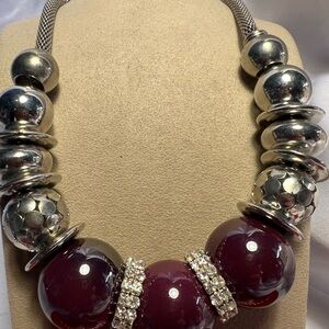 Chunky Paparazzi Beaded Statement Necklace, silver tone/red Samba and crystals.